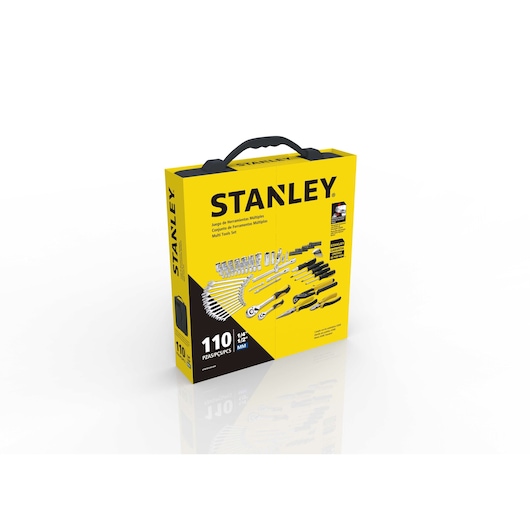 STANLEY STMT81243-840 multi tool set box, yellow with black handle, showing 110 pieces, front angle on white background.