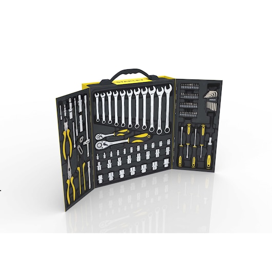 STANLEY STMT81243-840 tool set with wrenches, pliers, screwdrivers, sockets in an open black and yellow case, angled view.