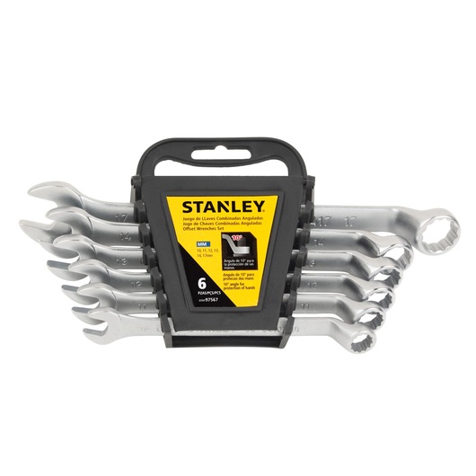 Stanley 6-piece offset wrench set in a black holder, sizes from 10 to 17 mm, for automotive and repair tasks.