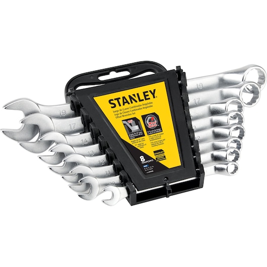 Stanley STMT97568 offset wrench set, 8 chrome wrenches in black holder, angled view.