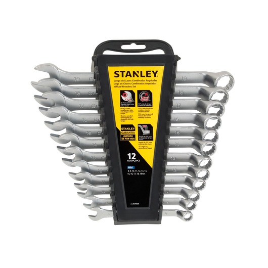STANLEY STMT97569 offset wrench set of 12 pieces in a black plastic holder, front angle on white background.