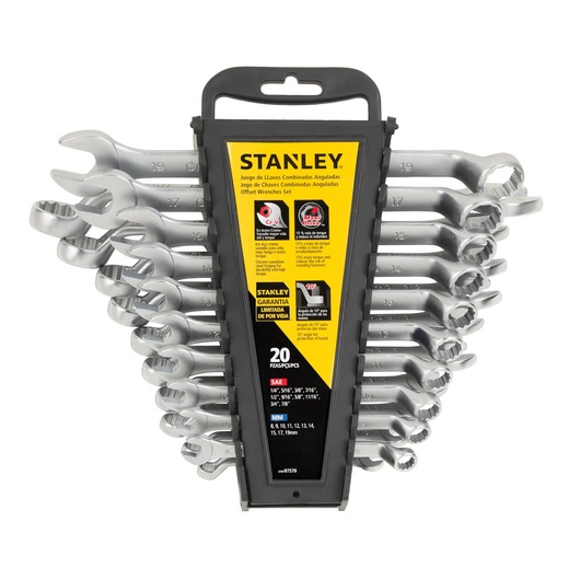 STANLEY STMT97570 offset wrench set, 20 pieces, photography, front angle, silver wrenches in black holder.