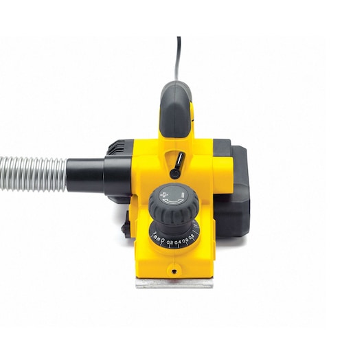 STANLEY STPP7502-B2 yellow electric planer, photography, top angle, with hose and adjustment dial.
