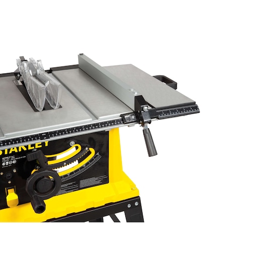 STANLEY STST1825 table saw with yellow base, black adjustment handle, and silver metal top, side angle.