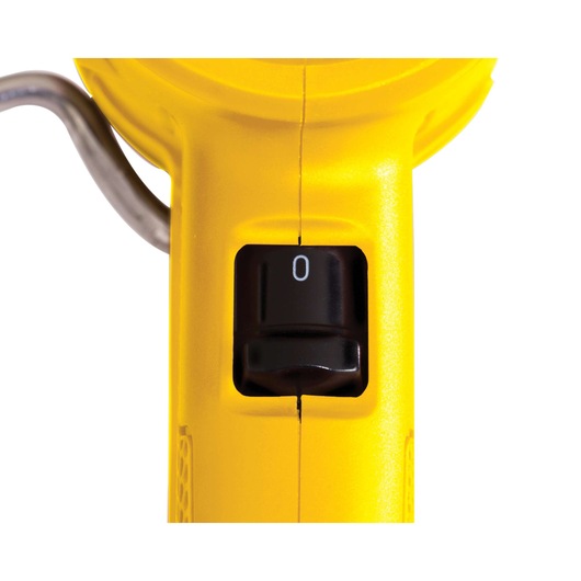 Close-up front view of STANLEY STXH2000K heat gun black power switch on yellow body.