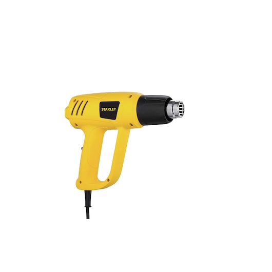 Photo of STANLEY STXH2000 yellow heat gun, side view, with black nozzle and cord, on white background.