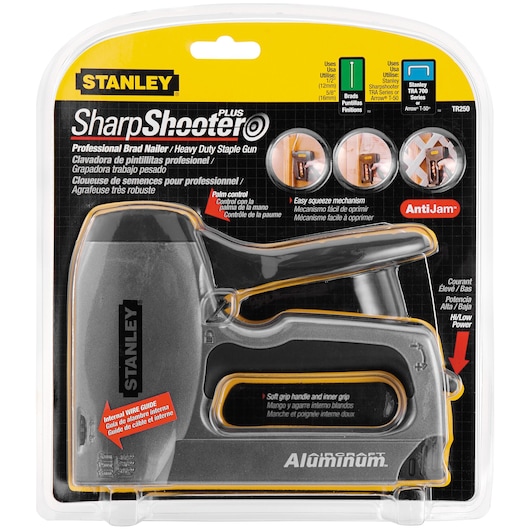 STANLEY TR250 photography of SharpShooter Plus brad nailer and heavy duty staple gun in retail packaging, front view.